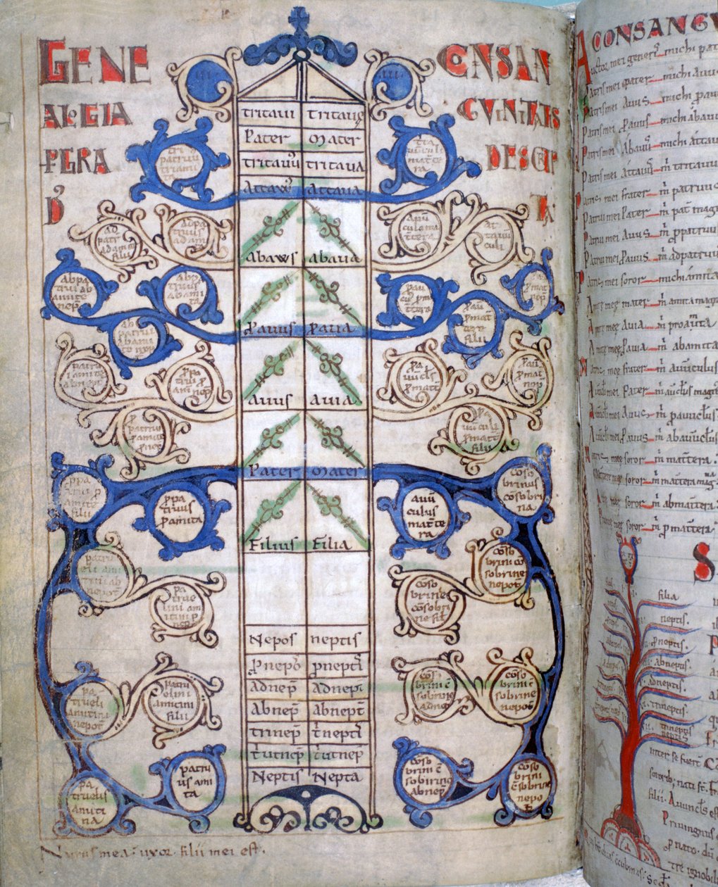 Tabulka stupňů pokrevnosti, stránka z Liber Floridus, 12. století od Unbekannt