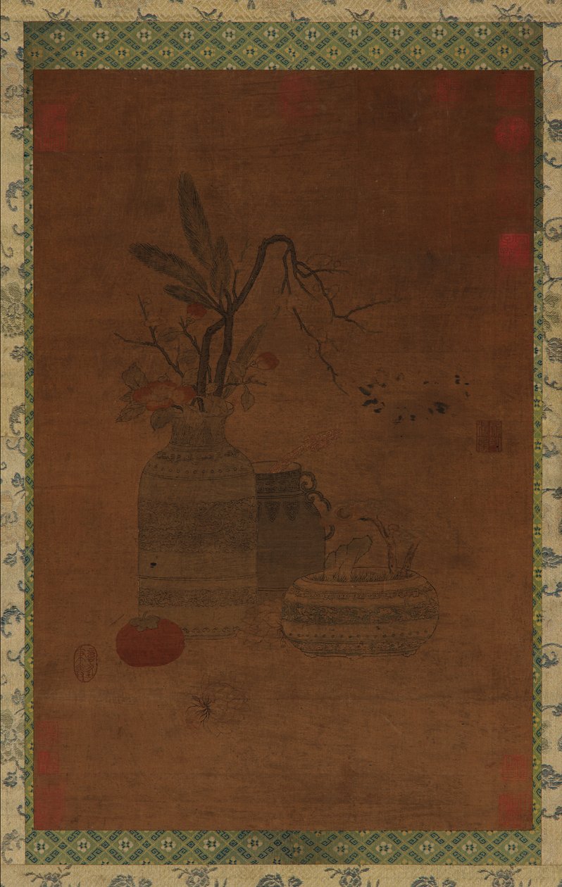 Tapiserie: miska, dvě sklenice, květiny a ovoce, možná dynastie Ming, 1368-1644. od Unbekannt