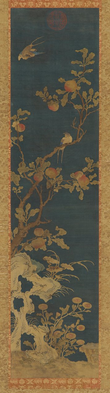 Tapiserie: ptáci, broskvoně, skály a květiny na modrém podkladu, dynastie Čching, 1644-1911. od Unbekannt