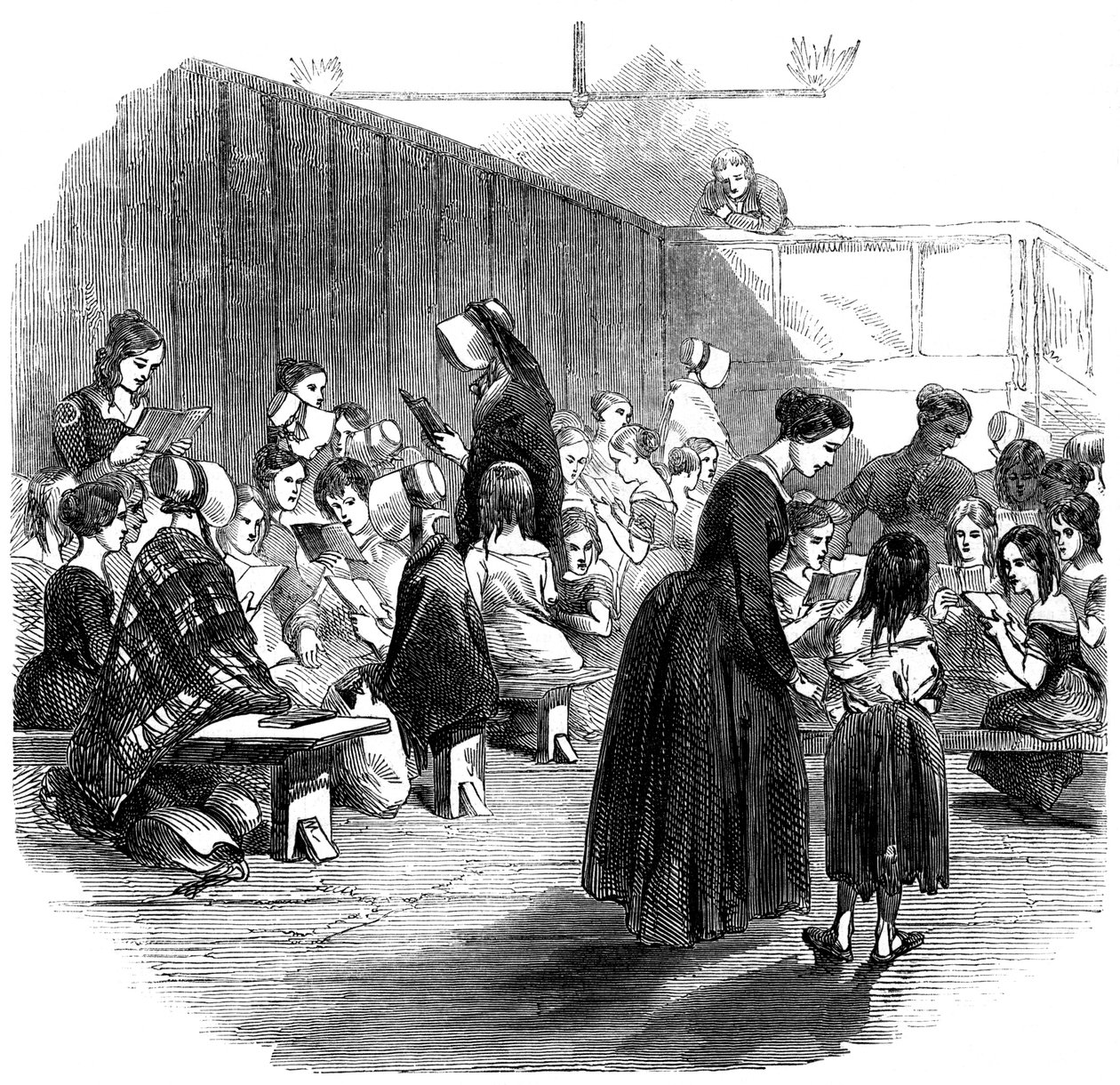 Výuka dívek číst ve škole Ragged School Union, Lambeth, Londýn, 1868 od Unbekannt