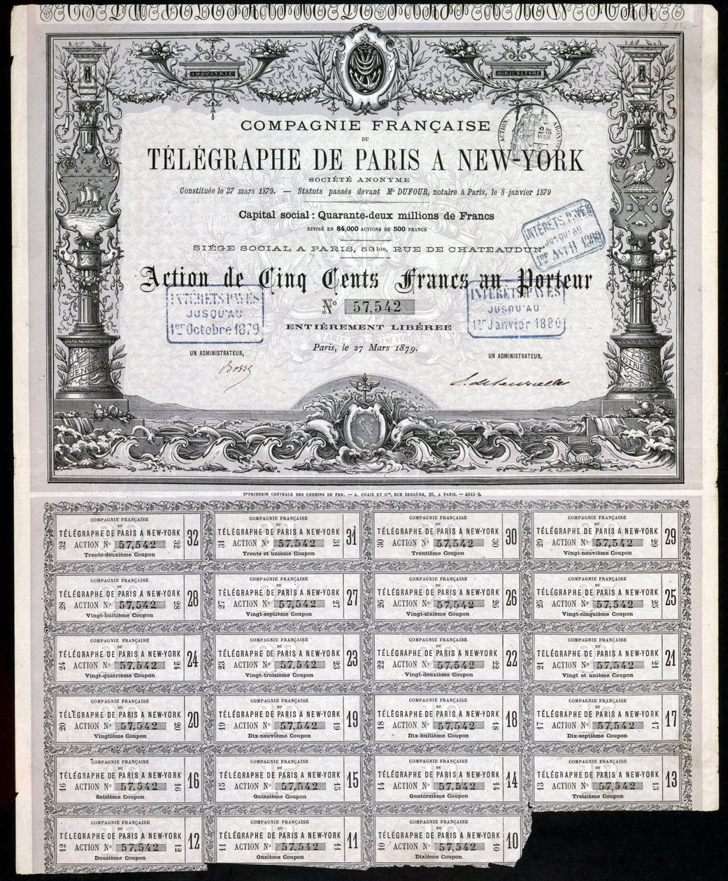 Telegraphy, General Paris-New York Telegraph Share Certificate, 27. března 1879 od Unbekannt
