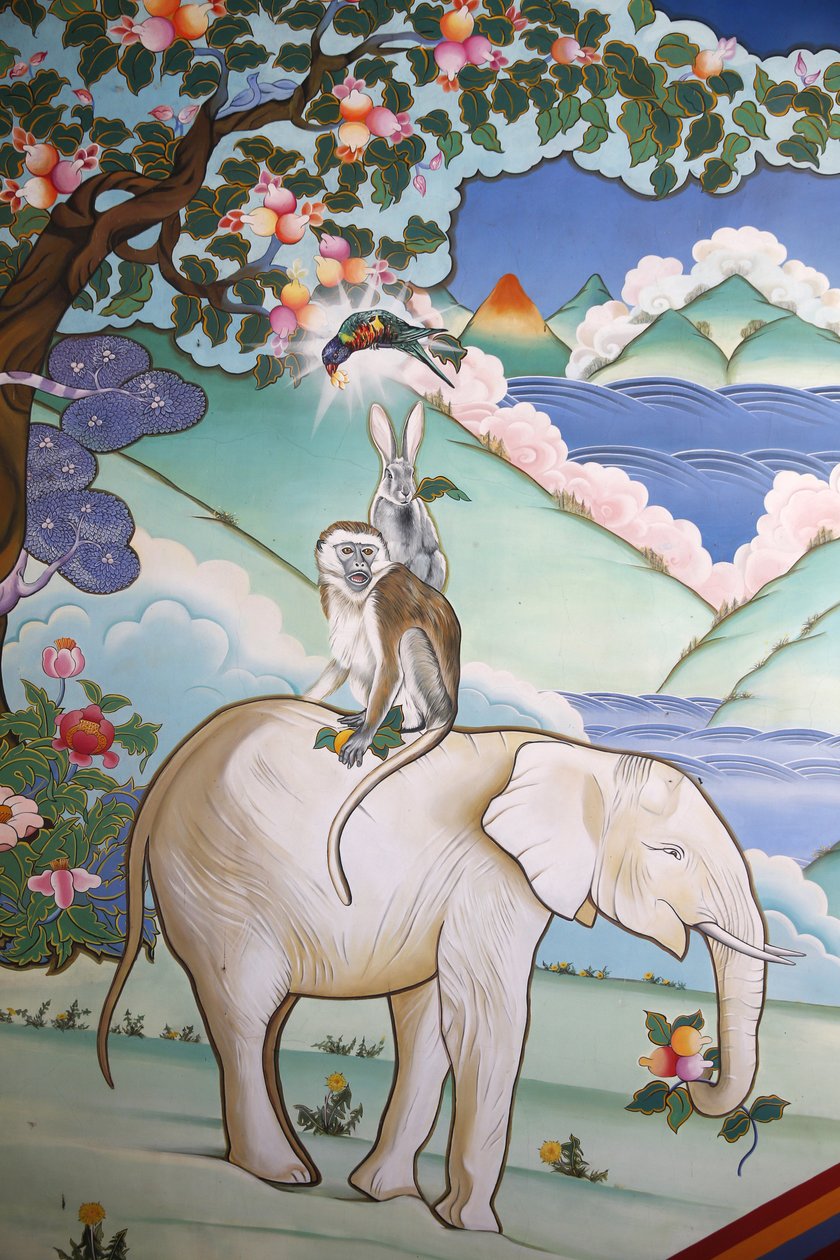 Chrám tisíce Buddhů Dashang Kagyu Ling shromáždění Zobrazení čtyř harmonických přátel: slona, opice, králíka a bažanta, La Boulaye, Francie od Unbekannt