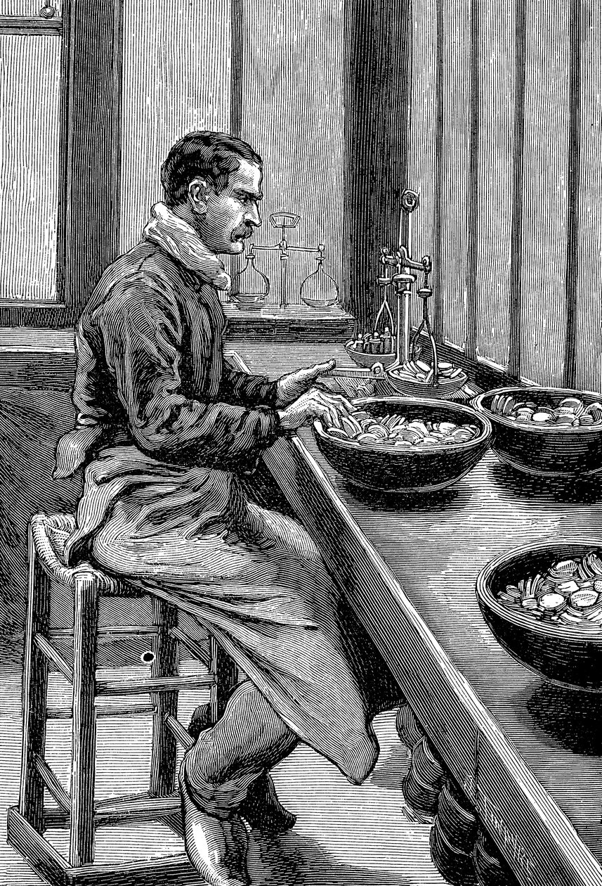 Testování hmotnosti zlatých kousků, pařížská mincovna, 1892 od Unbekannt