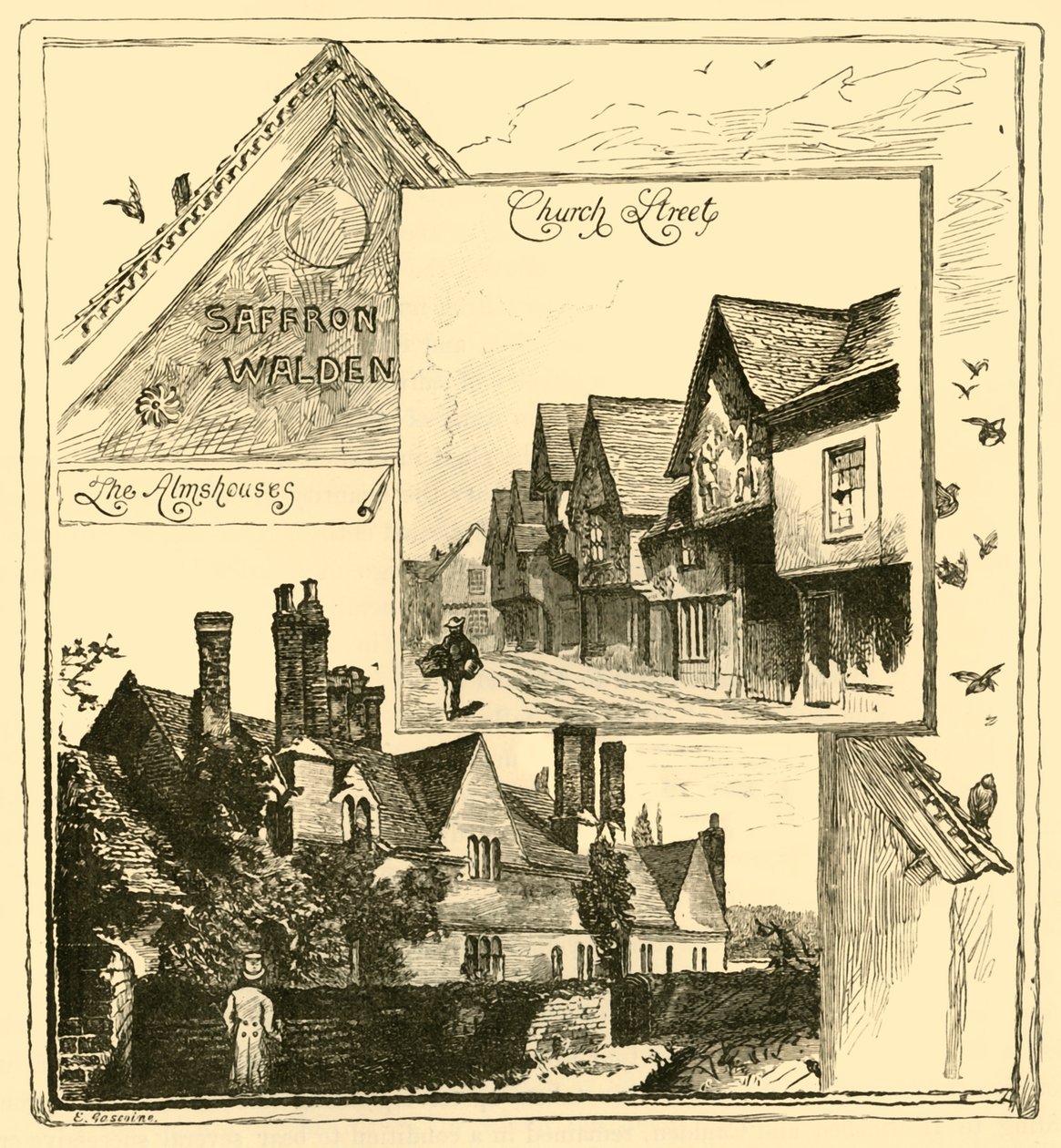Almshouses, Audley End a Church Street, Saffron Walden, 1898. od Unbekannt
