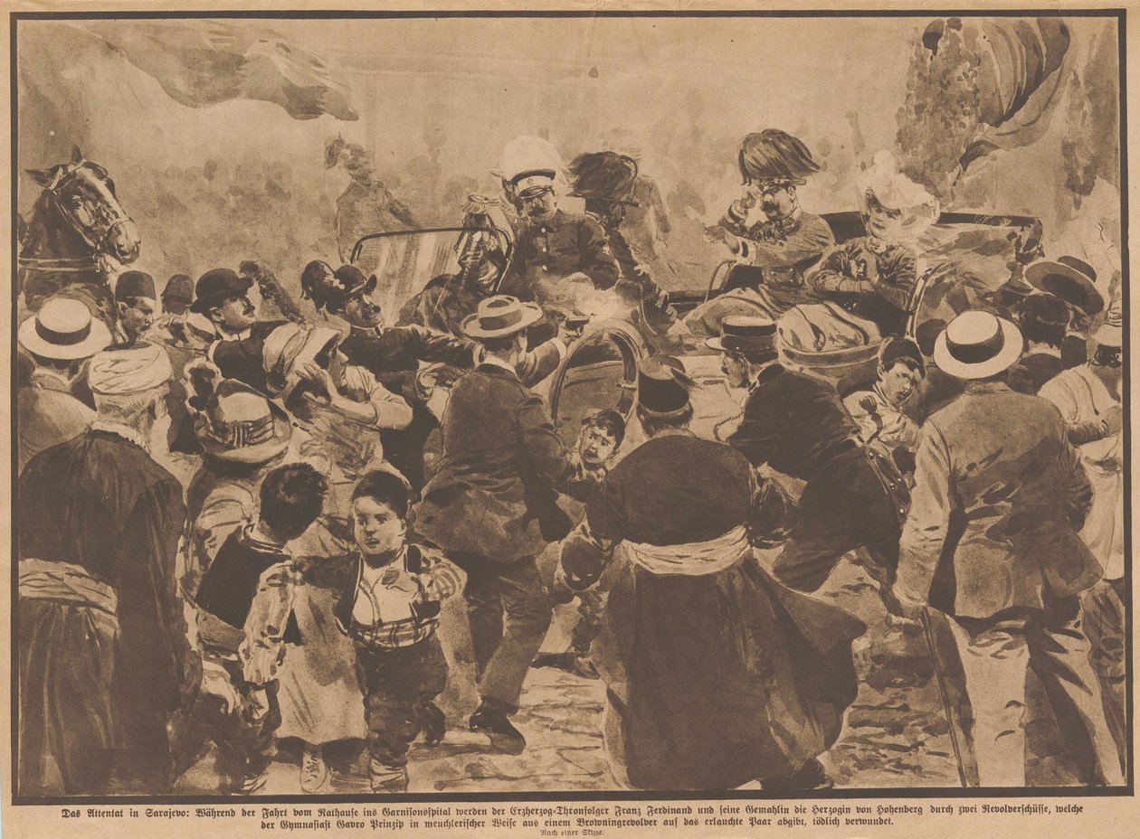 Atentát na arcivévodu Františka Ferdinanda Rakouského a jeho manželku v Sarajevu, 28. června 1914. od Unbekannt
