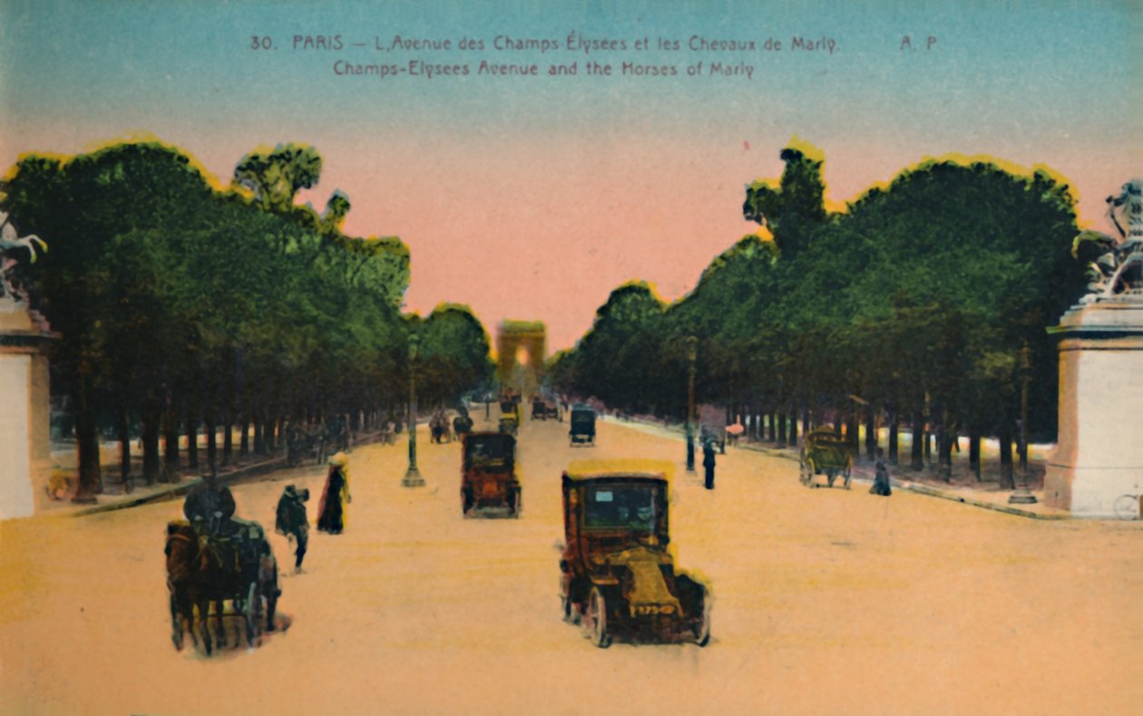 Avenue des Champs-Elysées a Marly Horses, Paříž, c1920 od Unbekannt