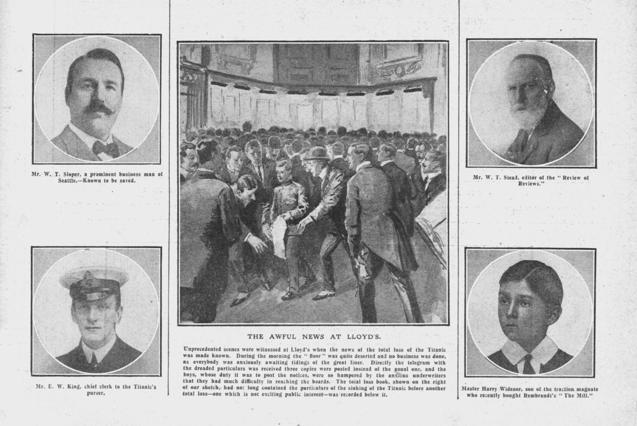 The Awful News v Lloyds, s portréty některých z těch na palubě Titaniku, 20. dubna 1912. od Unbekannt