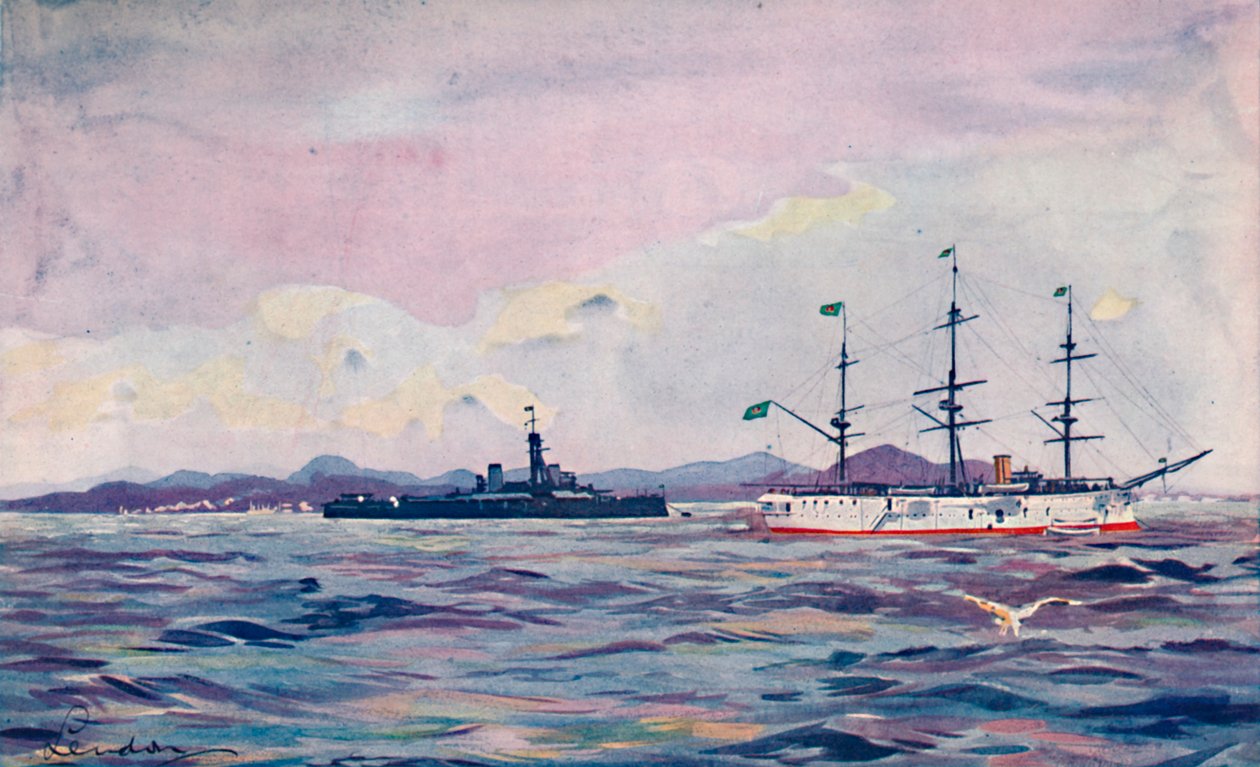 Tréninkový křižník Benjamin Constant a dreadnought Minas Geraes v Rio Harbour, 1914 od Unbekannt