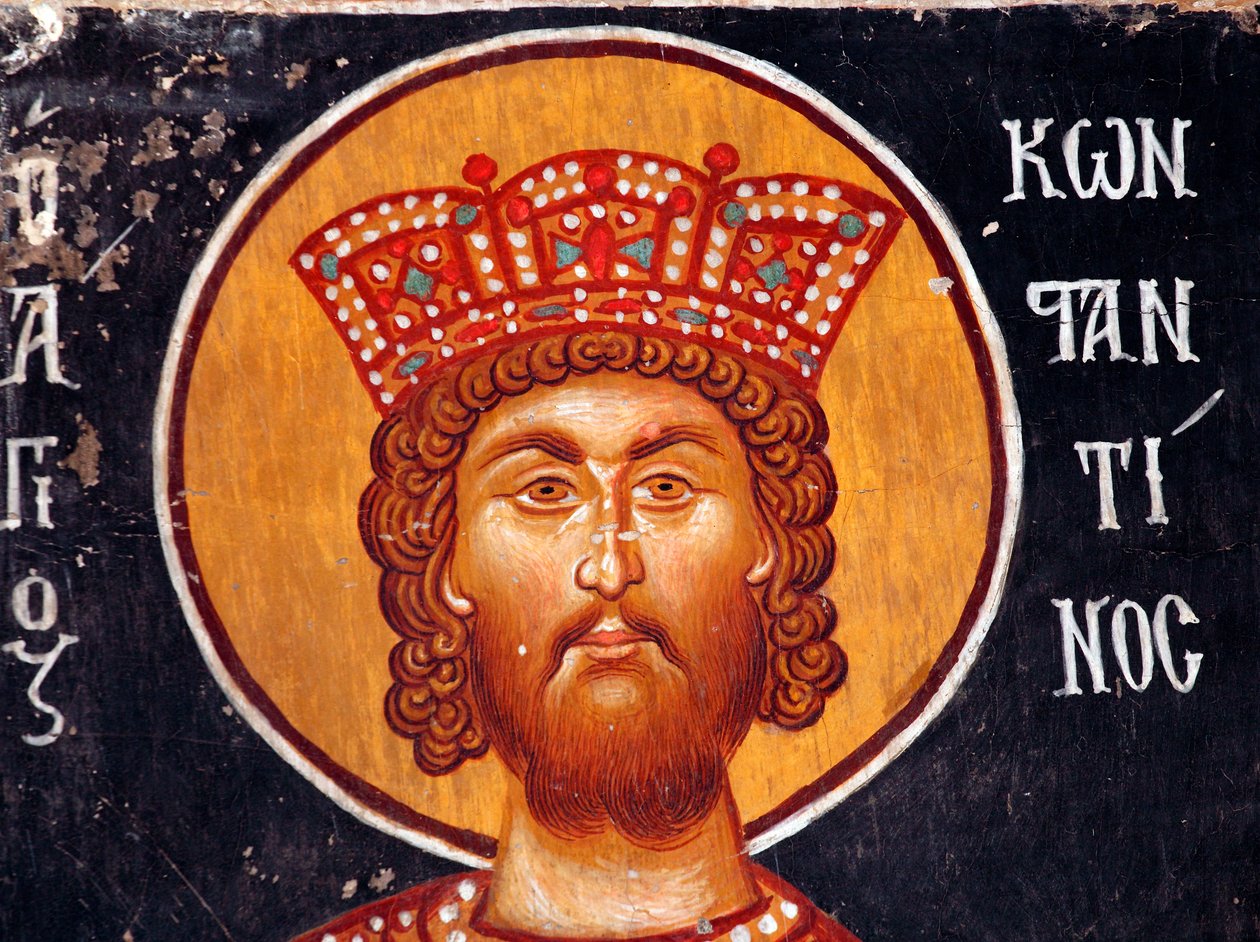Byzantská freska z 15. století (Detail): Nástěnná malba císaře Konstantina Kostel archanděla Michaela v Pedoulas Kypr Malované kostely UNESCO Troodos, Kypr od Unbekannt