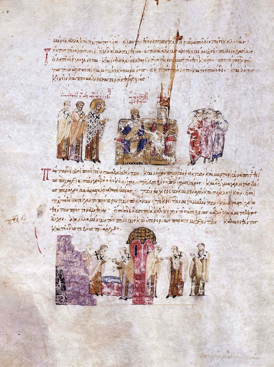 Konstantinopolský koncil Triumf pravoslaví v miniaturě 843 z madridských Skylitzes, od Unbekannt