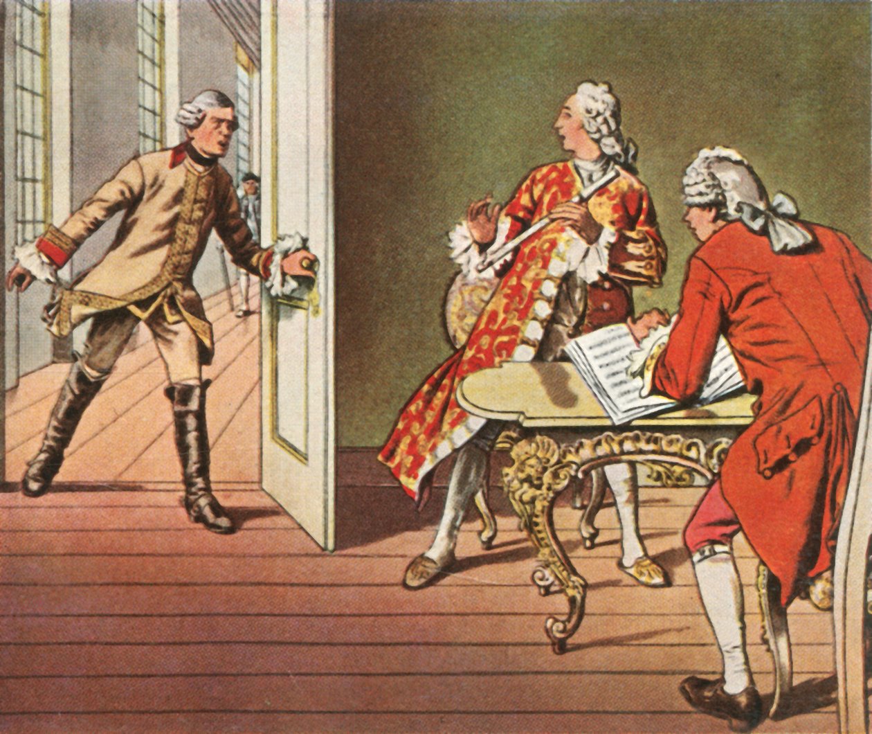 Korunní princ a jeho učitel hudby jsou přerušeni během hodiny flétny, 1729, 1936. od Unbekannt