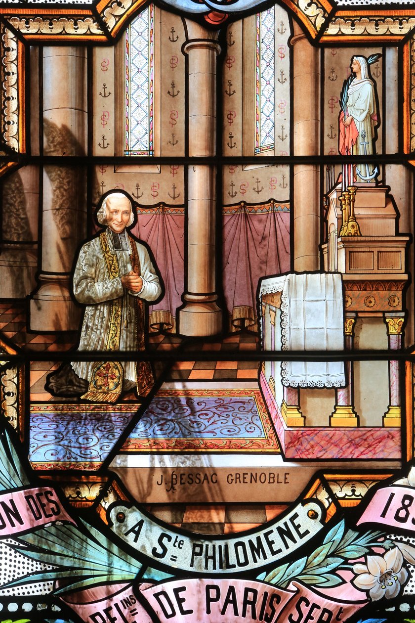 The Cure of Ars. Jean-Baptiste-Marie Vianney. Svatý Jan Vianney. Vitráž. Svatyně Panny Marie z la Salette, La Salette-Fallavaux, Francie od Unbekannt
