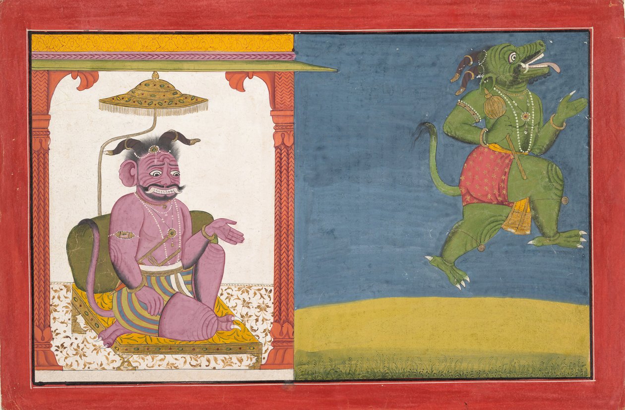 Démon Hiranyaksha opouští palác démonů... ze série Bhagavata Purana, ca. 1740. od Unbekannt