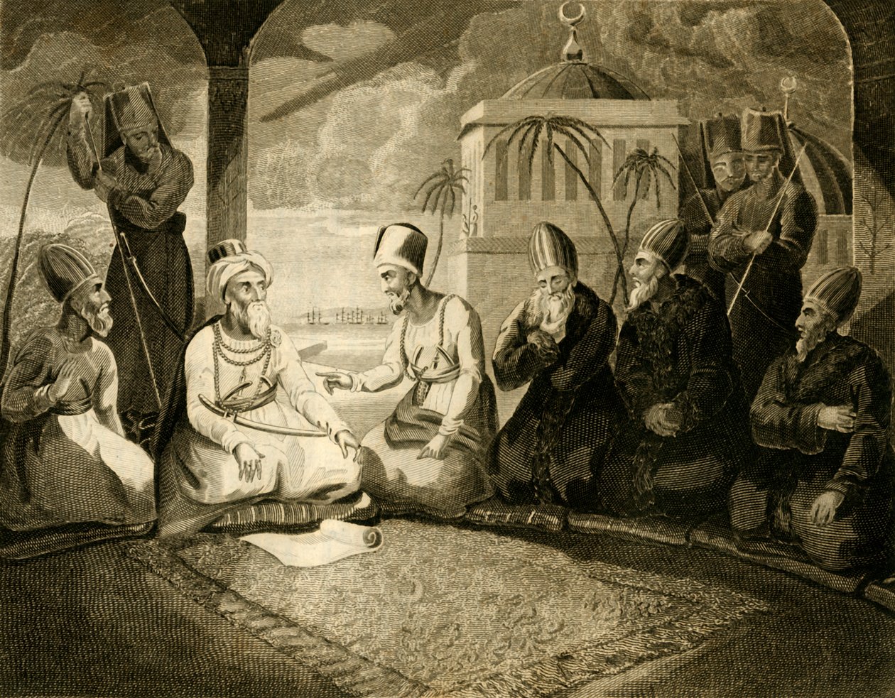 Dey z Alžíru se radí se svou radou o příjezdu anglické flotily, 1816. od Unbekannt