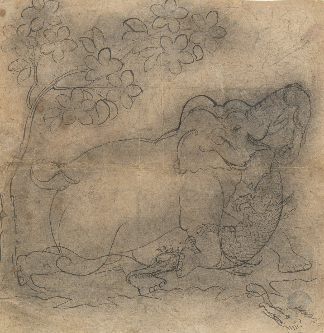 Sloní král zápasil s krokodýlem: Ilustrace ze série Gajendra Moksha, konec 19. století. od Unbekannt