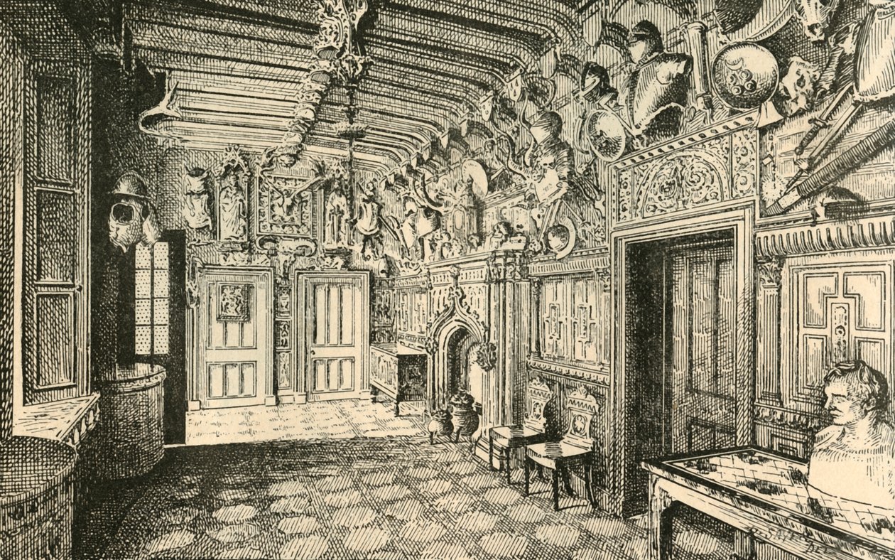 Vstupní hala. -Podél zdi je mnoho obleků starého brnění., 1882. od Unbekannt