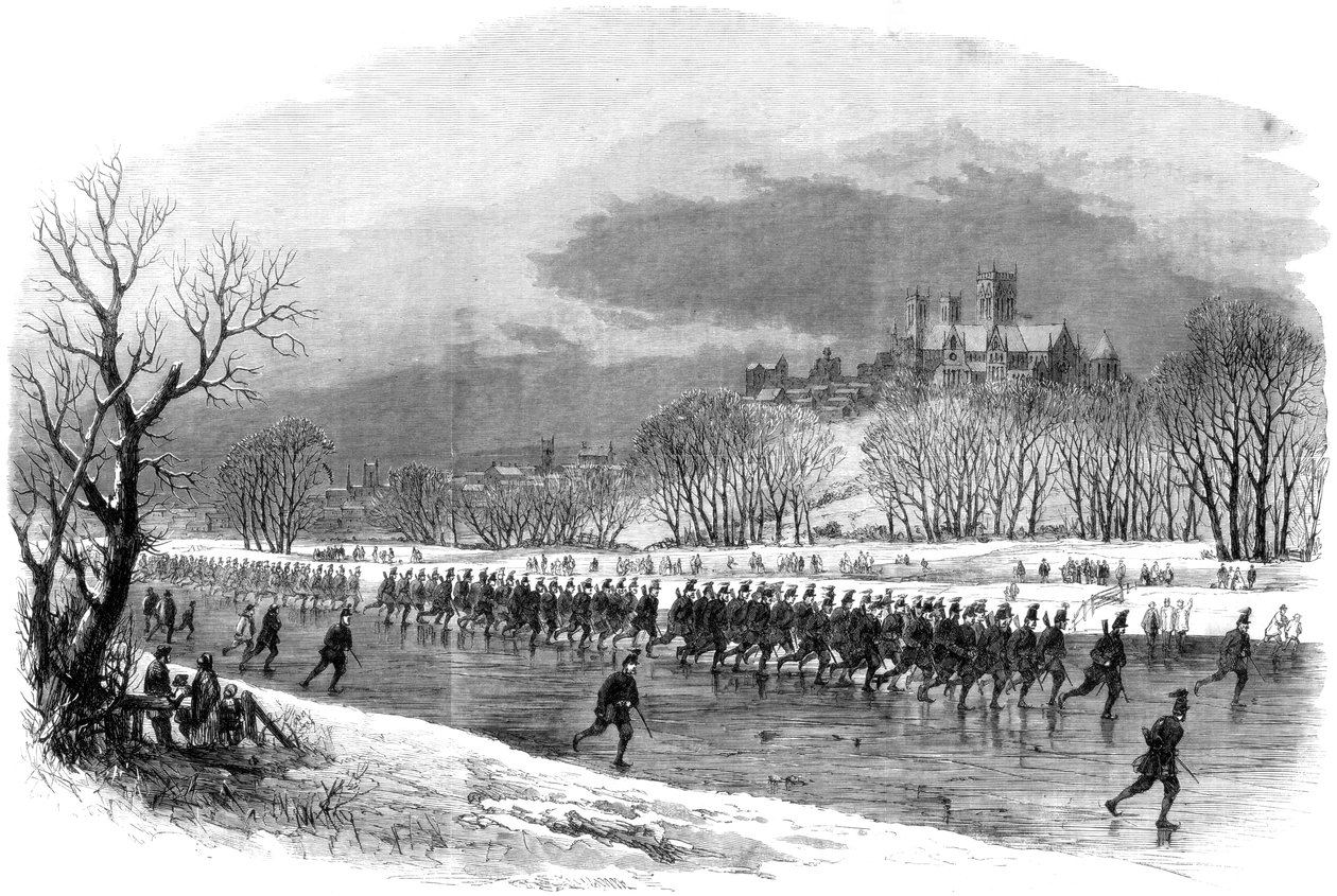 První dobrovolníci z Lincolnshire Rifle Volunteers pochodují na bruslích po řece Witham, 1861 od Unbekannt