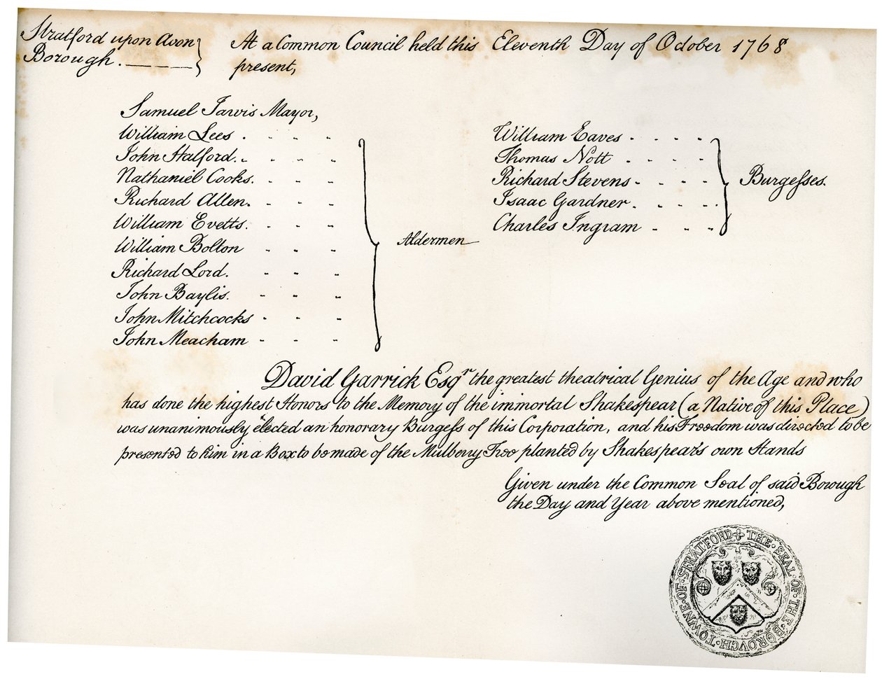 Svoboda Stratfordu nad Avonou, představená Davidu Garrickovi, 1768, 1840 od Unbekannt