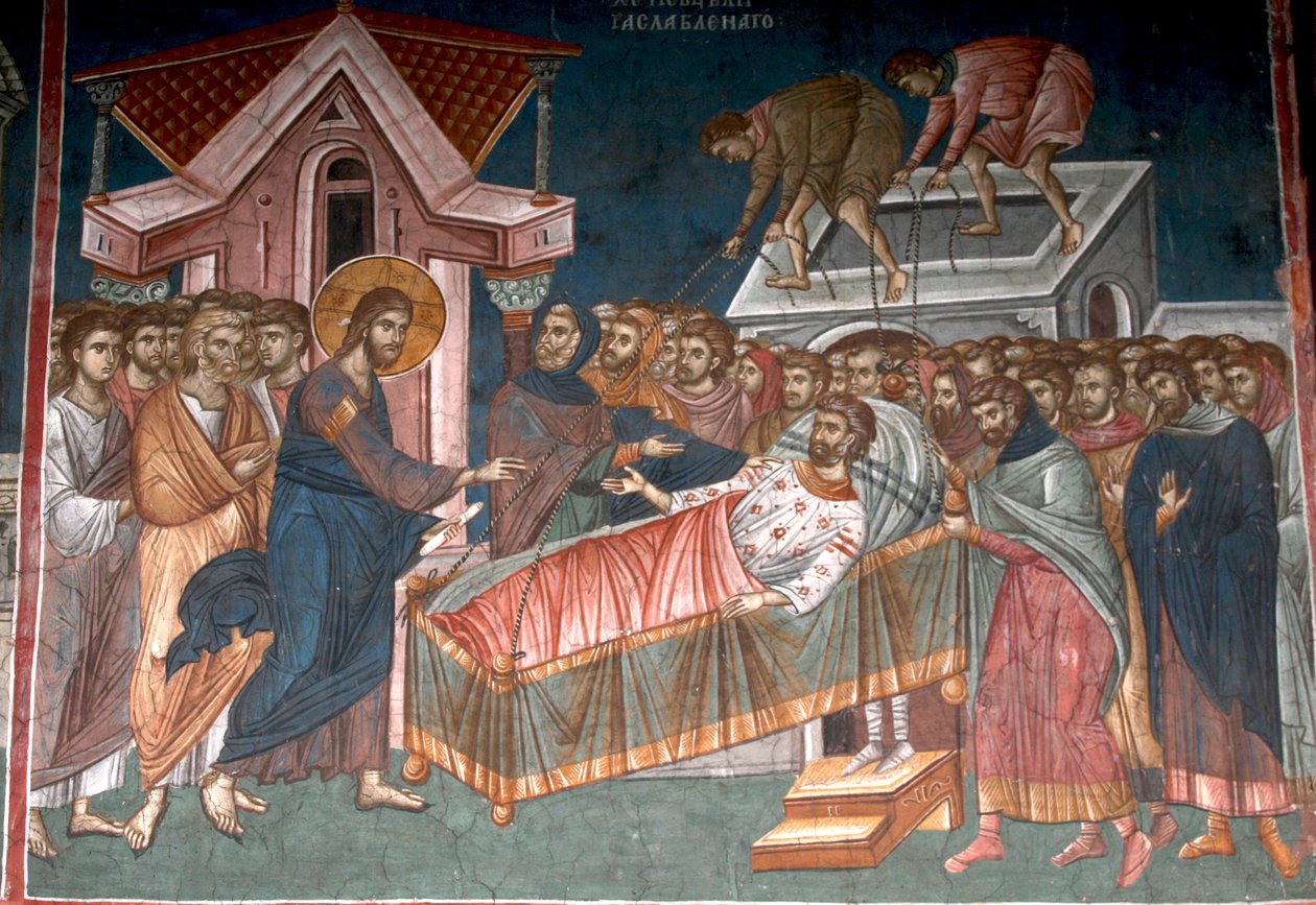 Uzdravení ochrnutého v Kafarnaum, asi 1350 od Unbekannt