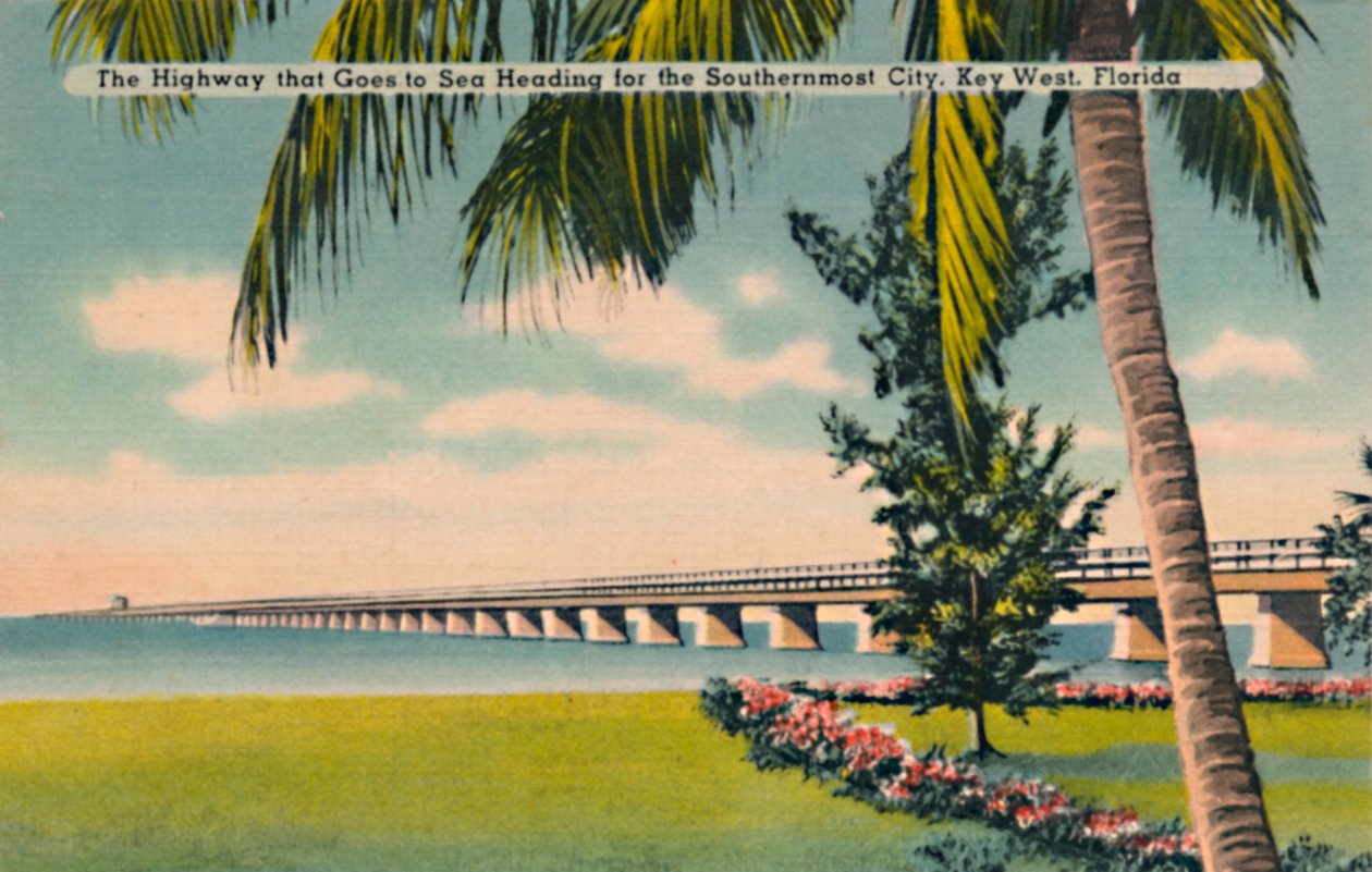 Dálnice, která vede k moři, míří do nejjižnějšího města, Key West, Florida, 40. léta 20. století od Unbekannt