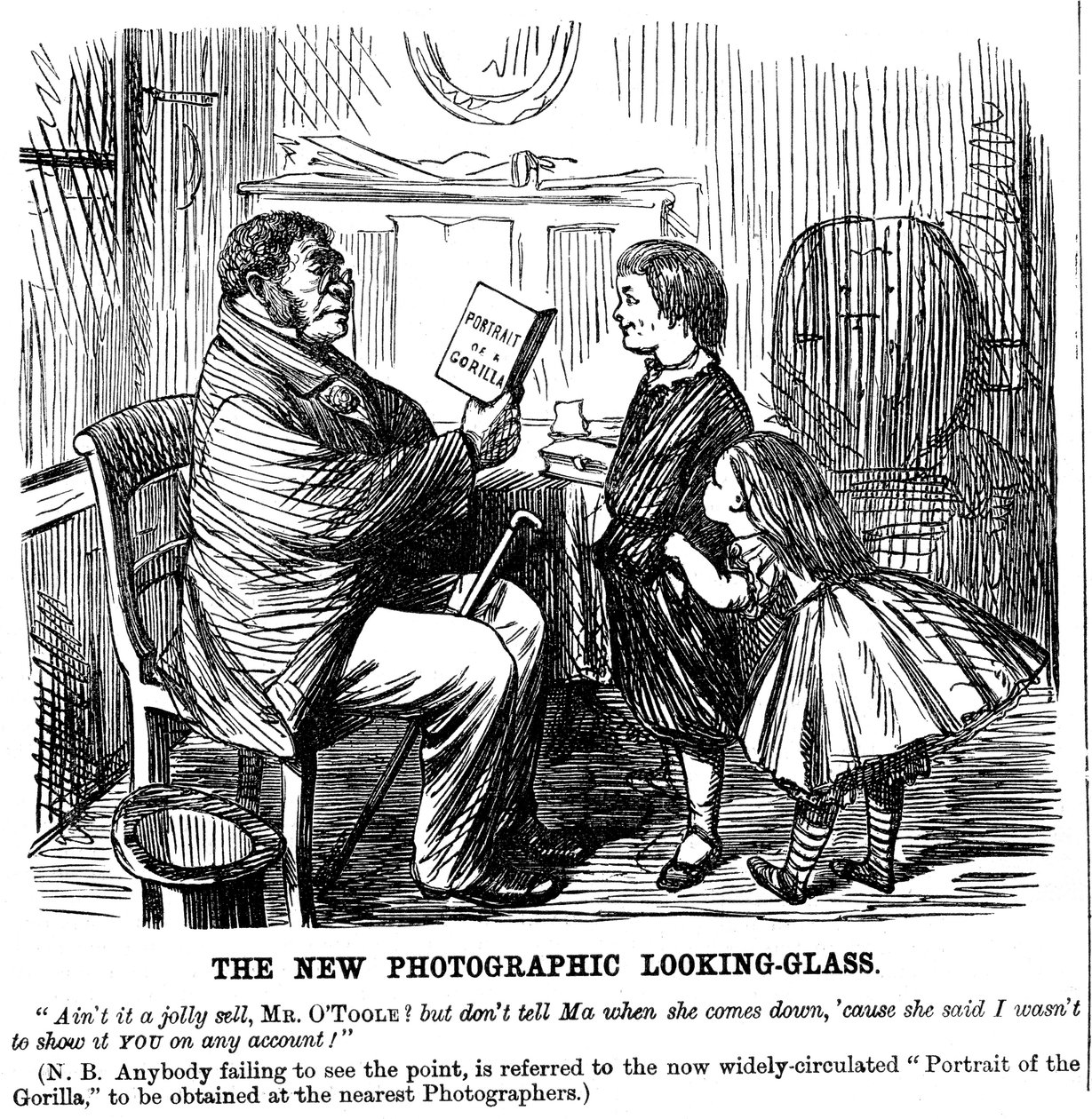 The New Photographic Looking Glass, kreslený film od Punch, každodenní důkaz o mužském původu, 1861 od Unbekannt