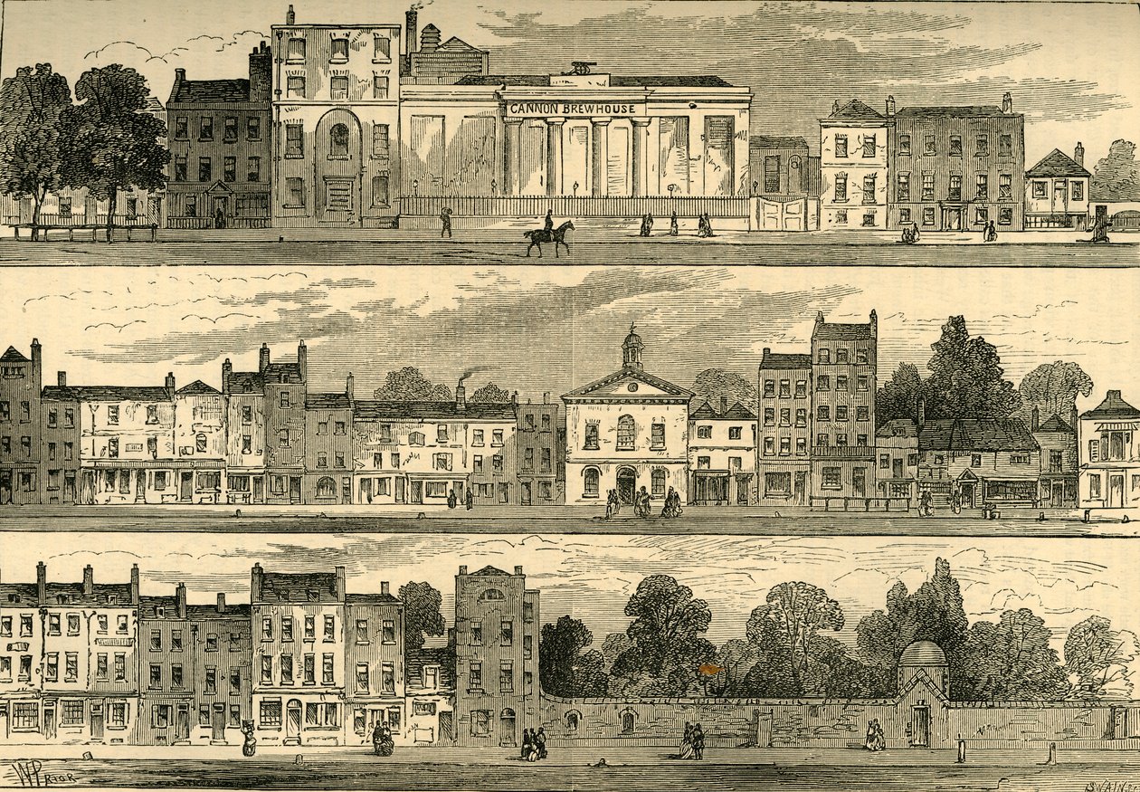 Severní strana Knightsbridge v roce 1820, od pivovaru Cannon po Hyde Park Corner, c1876. od Unbekannt