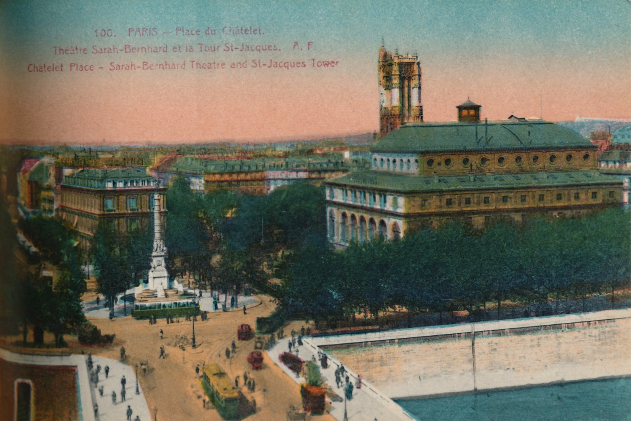 Place du Châtelet - Théâtre Sarah-Bernhardt a Tour Saint-Jacques, c1920 od Unbekannt