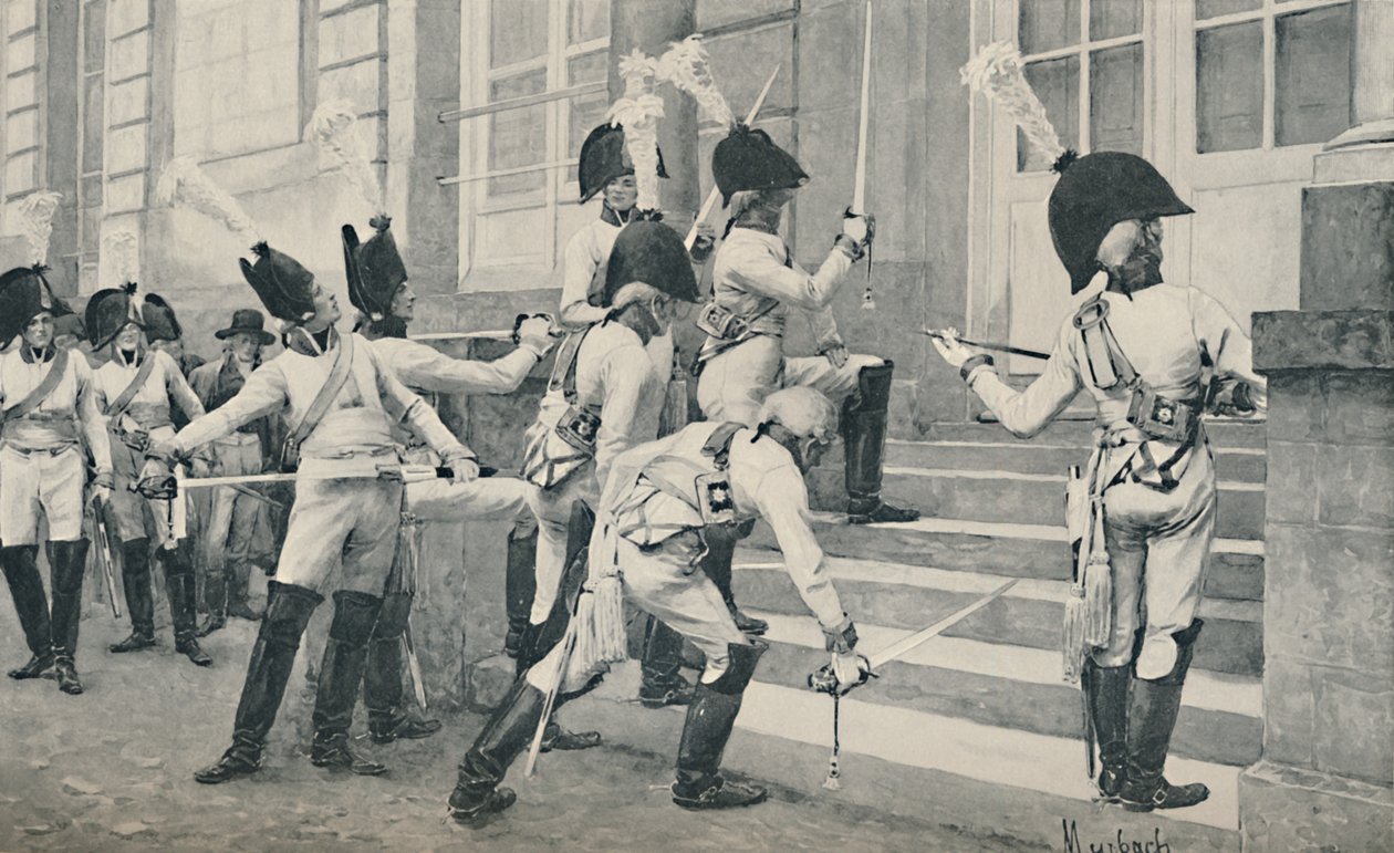 Pruská šlechtická garda brousí své meče na schodech francouzského velvyslanectví v Berlíně, 1896 od Unbekannt