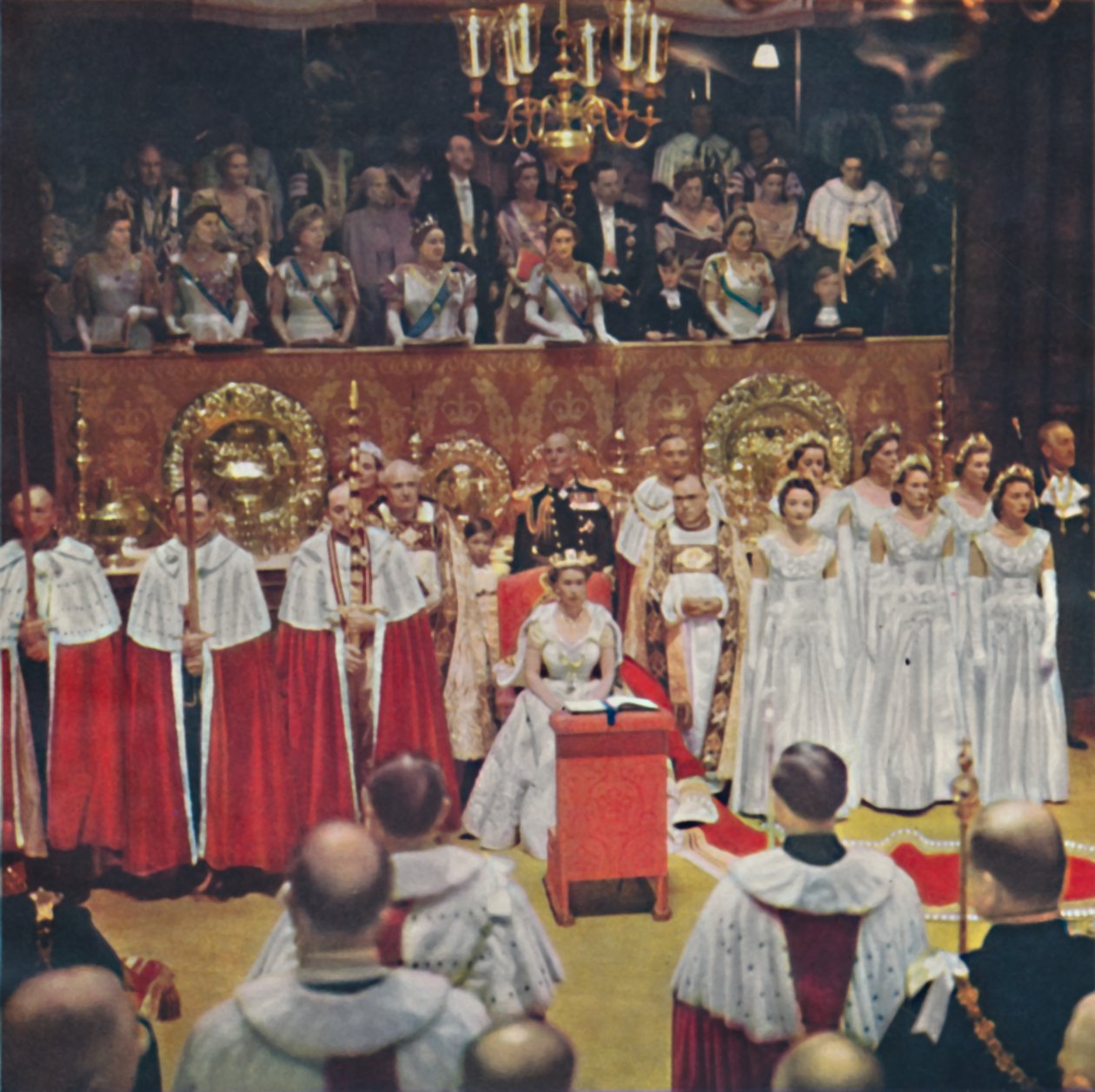 Královna, po svém vstupu do Abbey Church of Westminster, sedí na svém křesle, od Unbekannt