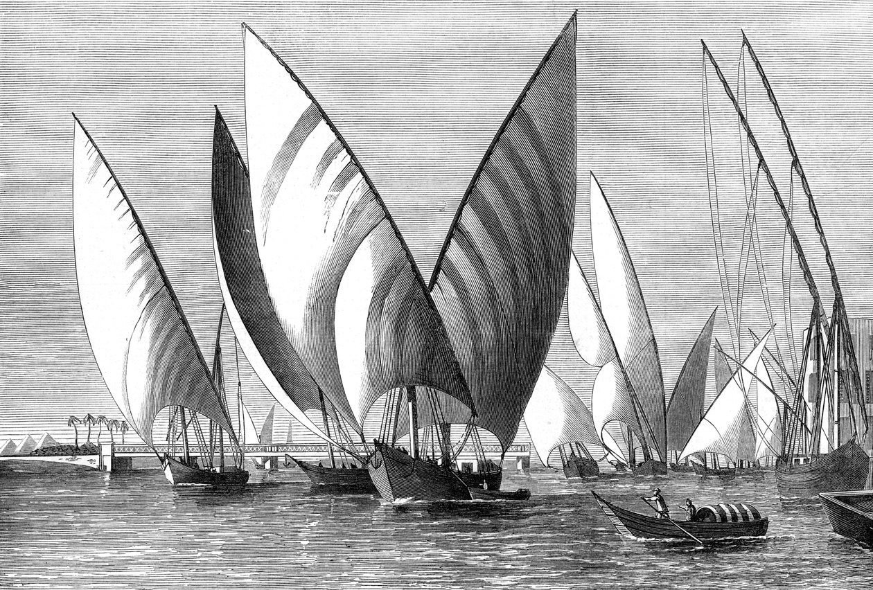 Řeka u mostu Boulak, Káhira, s procházejícími dahabeahs, 1874 od Unbekannt