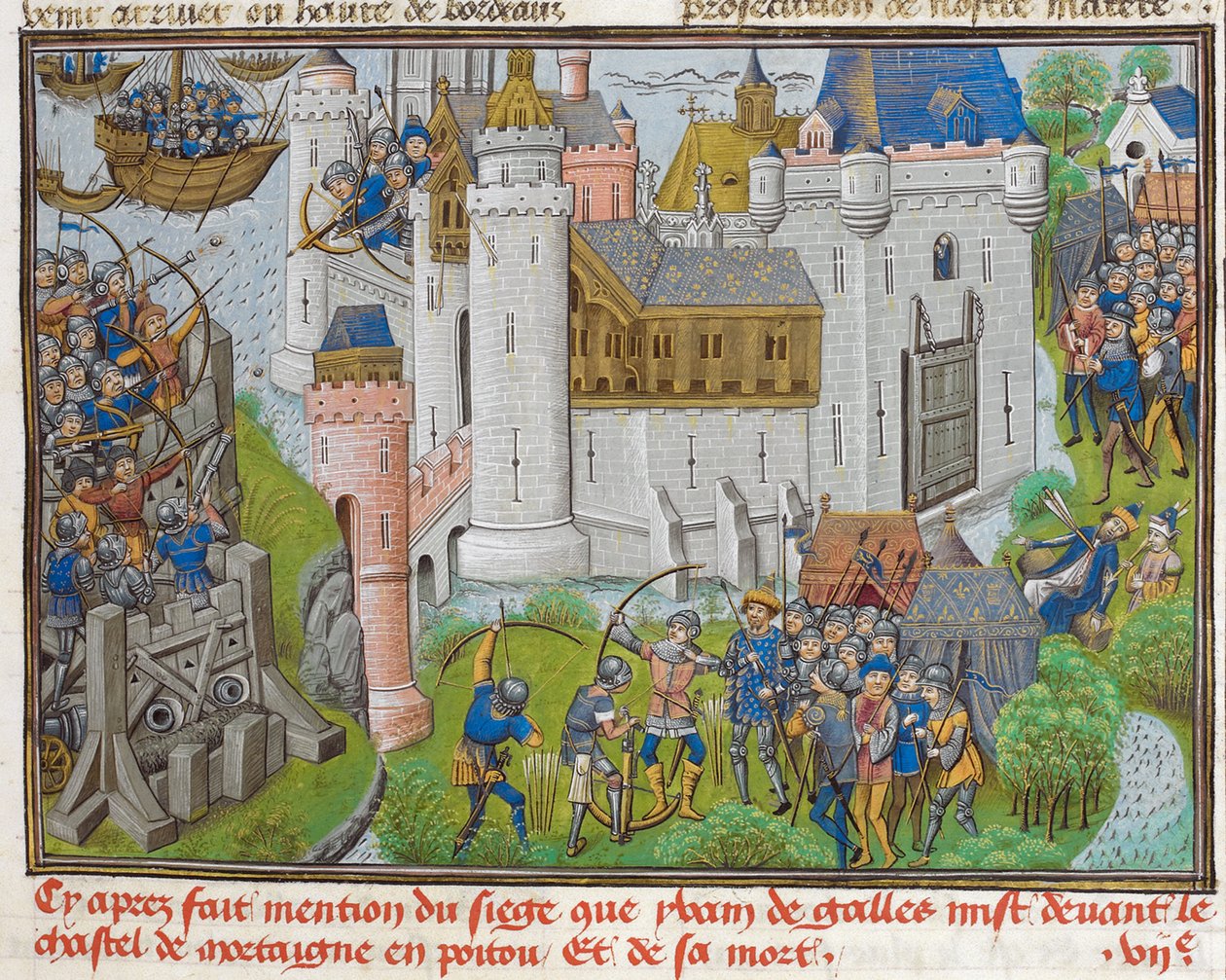 Obléhání hradu Mortagne, poblíž Bordeaux, v roce 1377 aus Recueil des croniques dEngleterre od Unbekannt