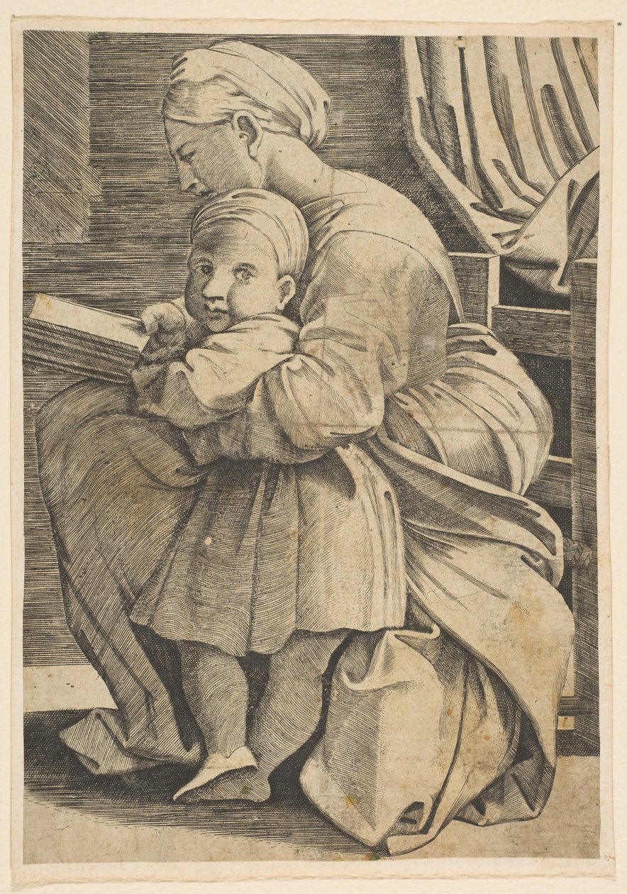 Panna čtoucí s nemluvnětem Kristem, žena sedící z profilu tváří vlevo a..., ca. 1515-1600. od Unbekannt
