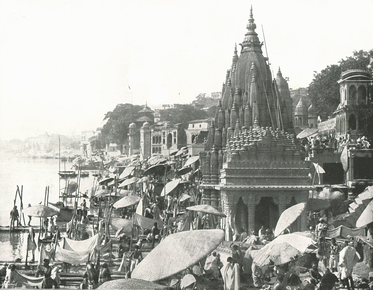 Rybník Višnu a Ghat, Benares, Indie, 1895. od Unbekannt