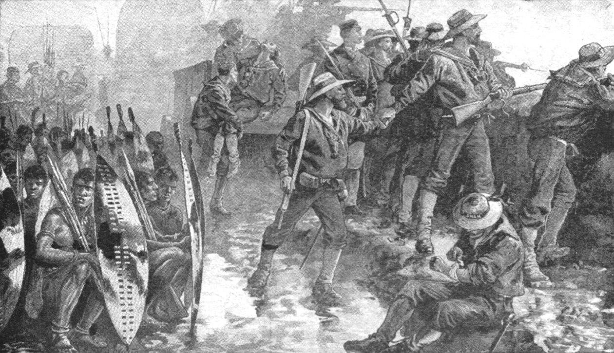 Válka Zuluů, 1879: Muži H.M.S. Shah uvnitř Laager v Ginghilovo, 1901. od Unbekannt