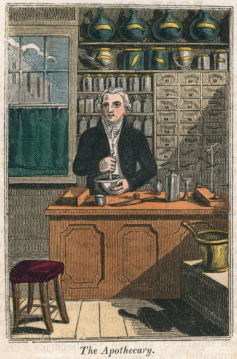 Lékárník pomocí tloučku a třecí misky k přípravě léků, 1823 od Unbekannt