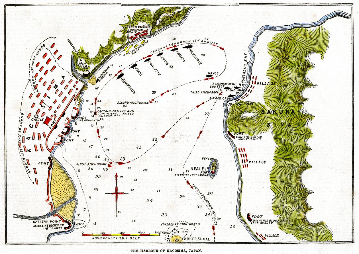 Bombardování královského námořnictva v přístavu Kagošima, Japonsko, 1863 od Unbekannt
