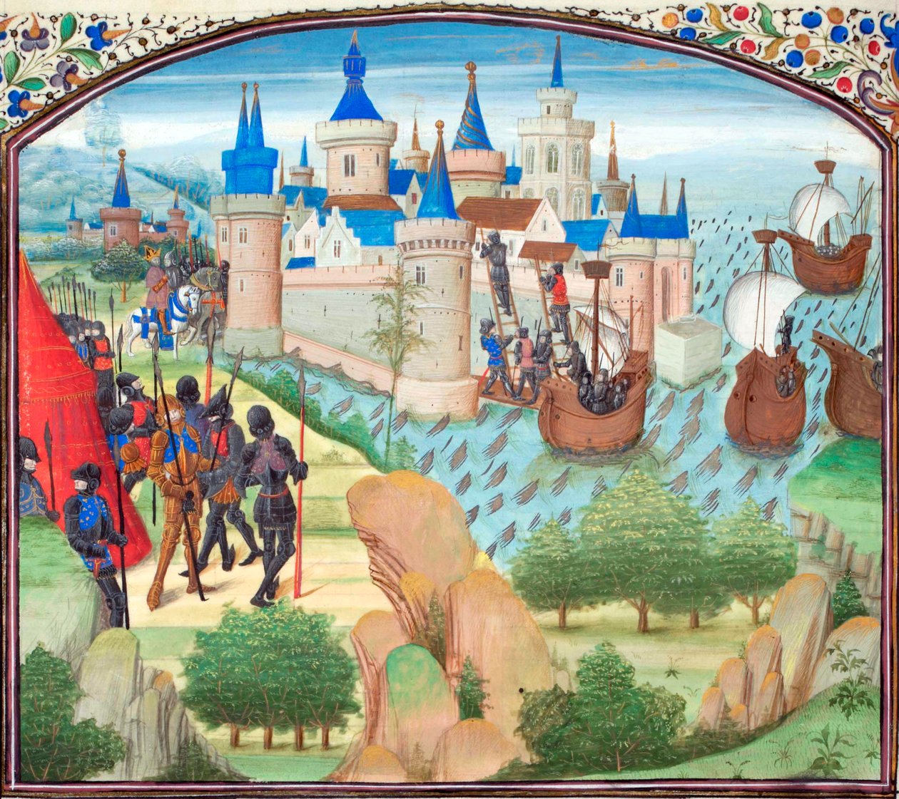 Dobytí Konstantinopole po souši a po moři v roce 1204. Miniatura z Historia od Viléma z Tyru, 60. léta 14. století od Unbekannt