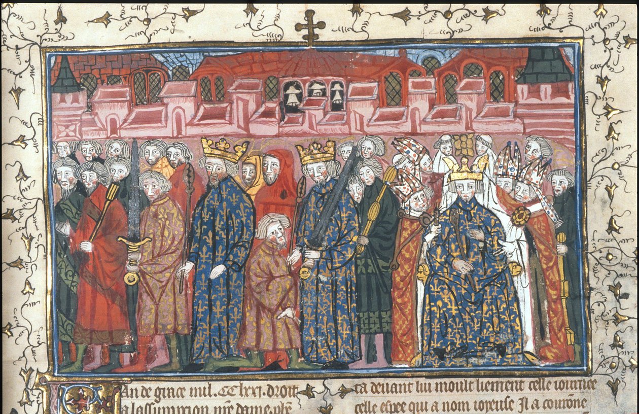 Korunovace Filipa II. Augusta za přítomnosti Jindřicha II. z Anglie Z Chroniques de France ou de St Denis, po roce 1380 od Unbekannt