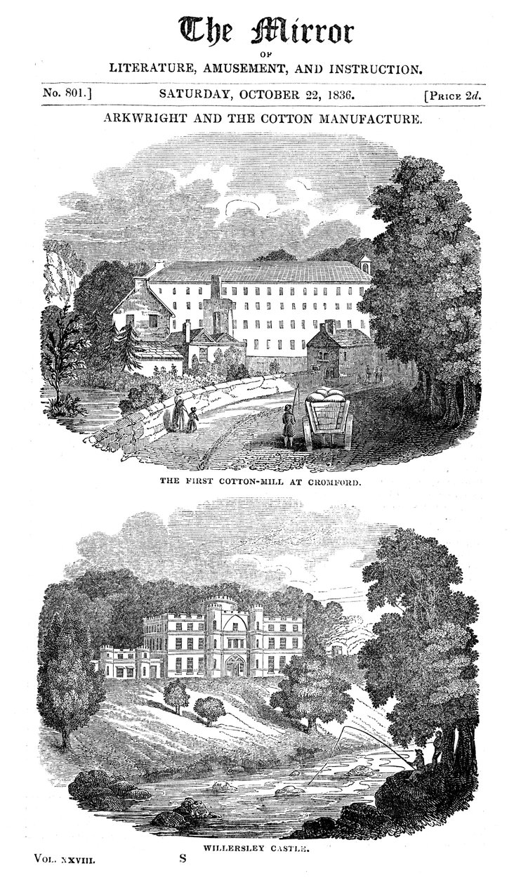 První továrna na bavlnu v Cromfordu, Derbyshire a dům Richarda Arkwrighta, 1836 od Unbekannt