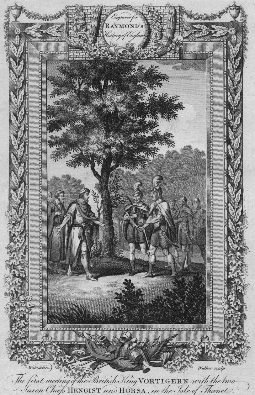 První setkání britského krále Vortigerna se dvěma saskými náčelníky Hengistem a Horsou, c1787 od Unbekannt