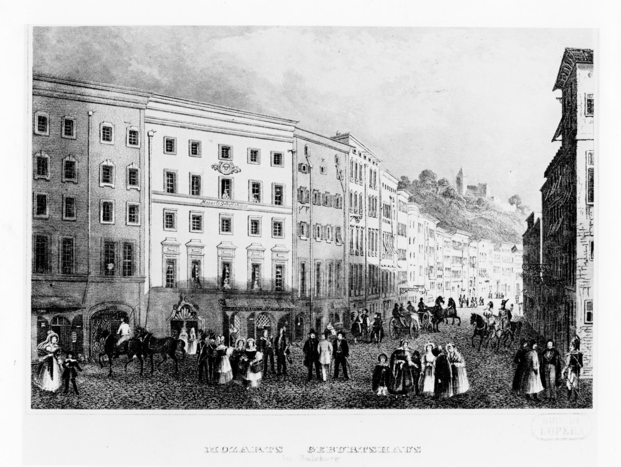 Dům v Salcburku, ve kterém se Mozart narodil v roce 1791, v polovině 19. století od Unbekannt