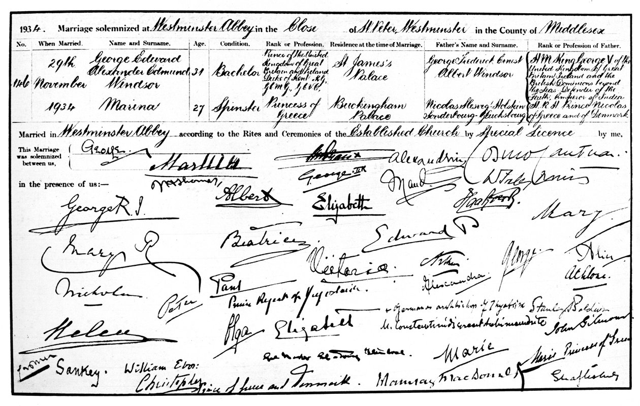 Oddací list vévody a vévodkyně z Kentu, 1934 od Unbekannt
