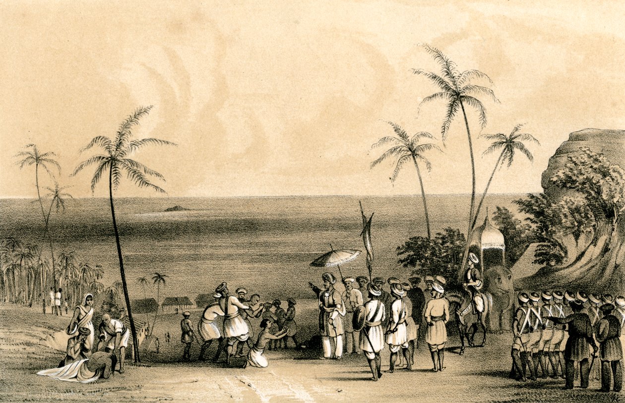 Obchodníci z Calicut se zmocnili a připoutali řetězy k holé skále na příkaz Tippoo Saiba, 1847 od Unbekannt