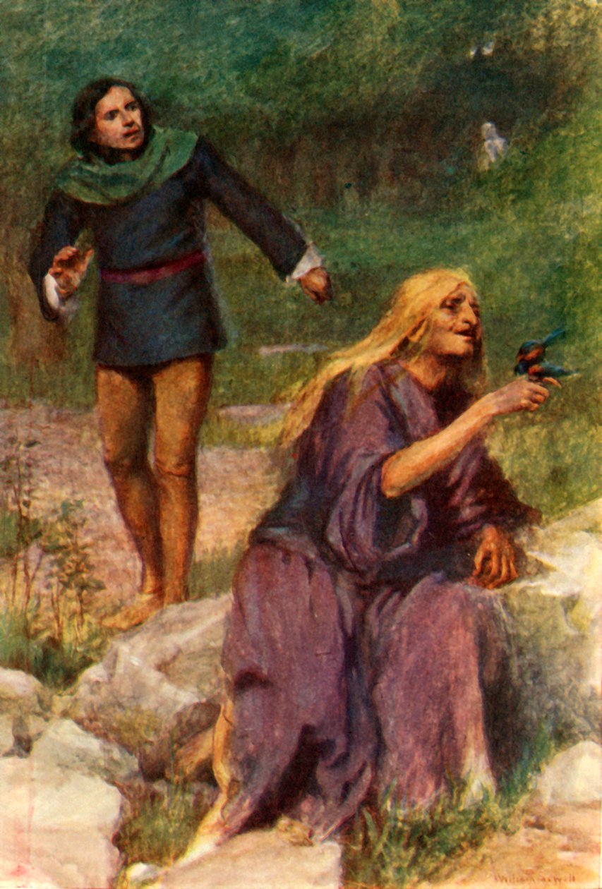 „Stará žena byla pohlcena hraním si s ptákem“, 1917. od Unbekannt