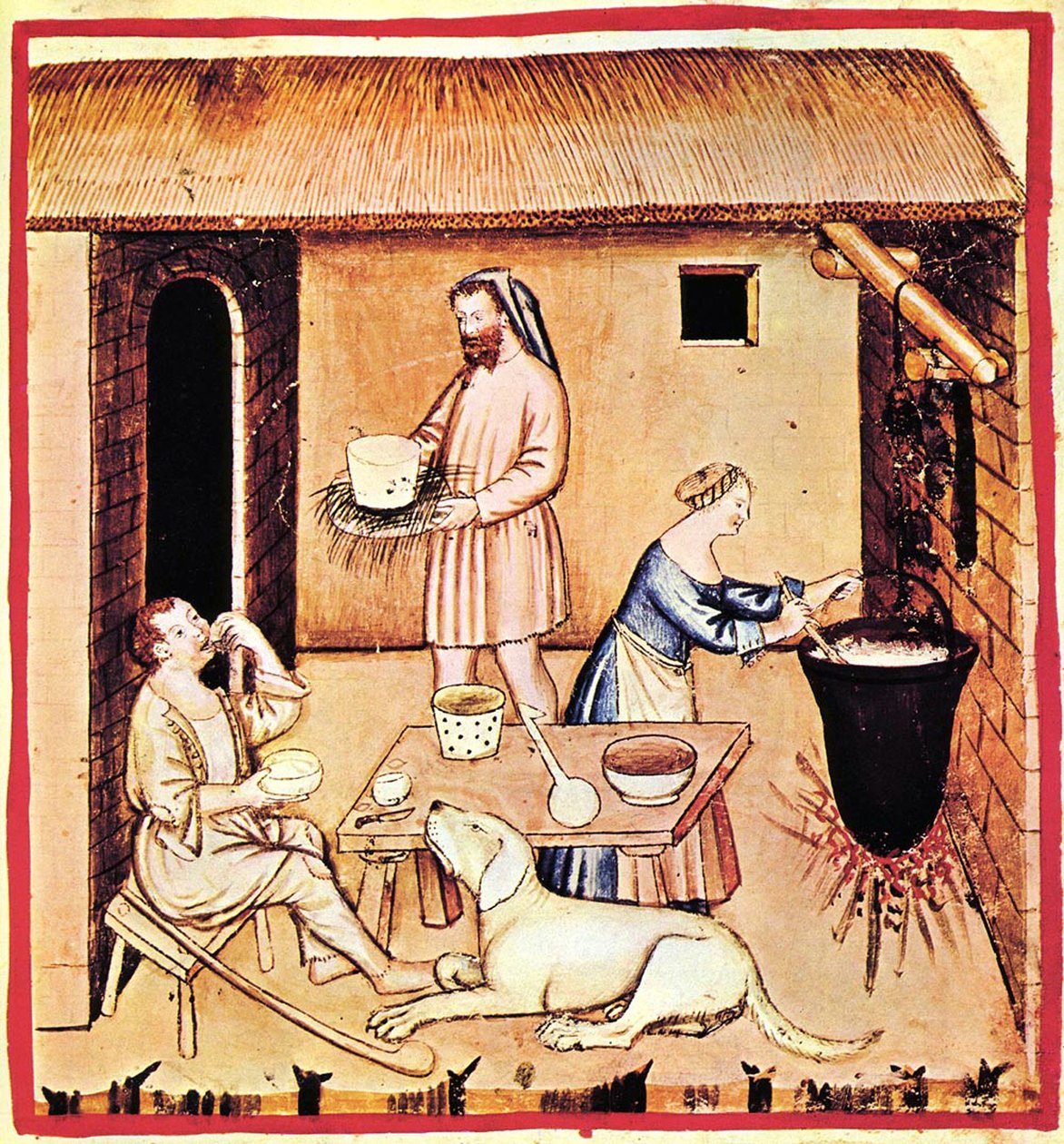 Výroba sýra. Miniatura z Tacuinum Sanitatis, druhá polovina 14. stol. od Unbekannt