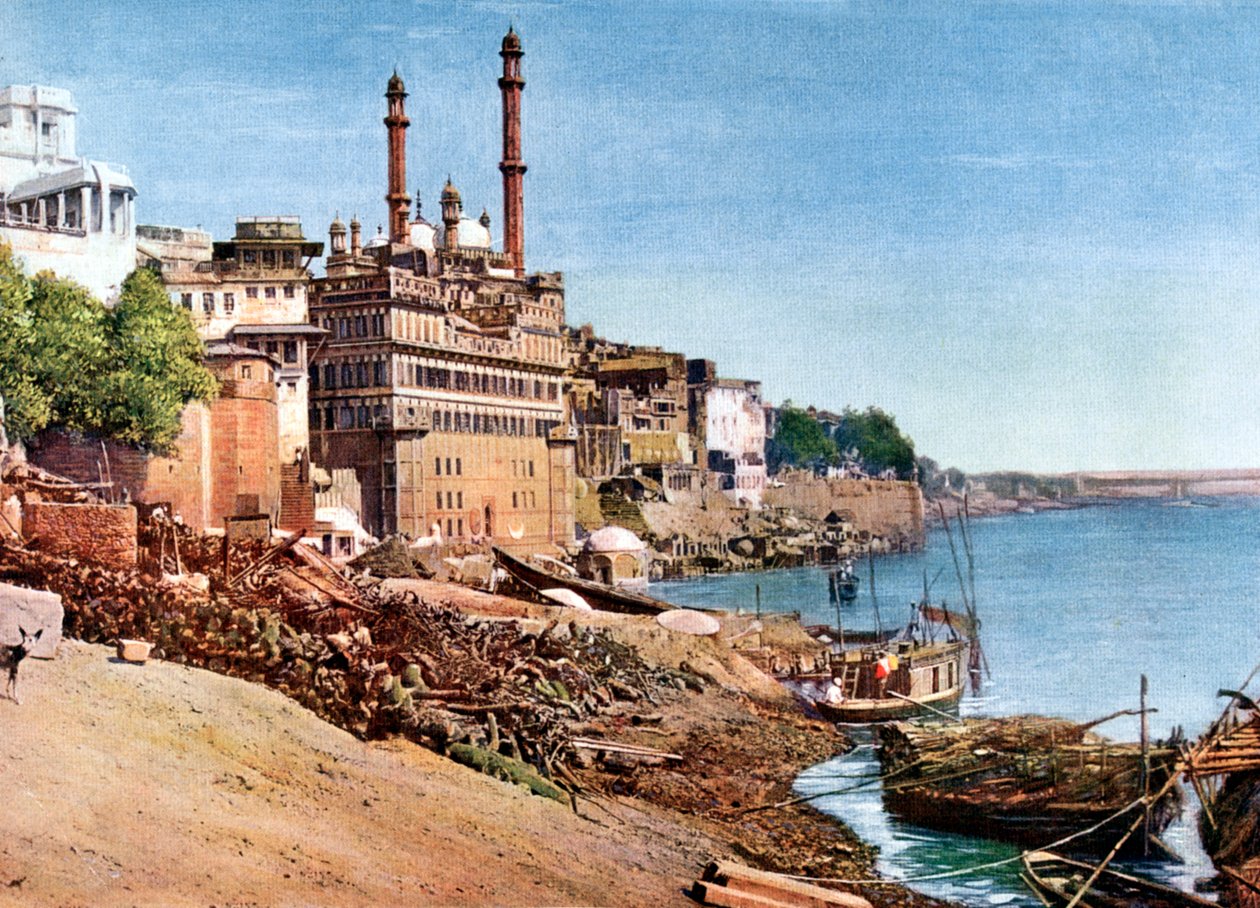 Řeka Ganga a Hořící Gháty v Benares Varanasi, Indie, počátek 20. století od Unbekannt