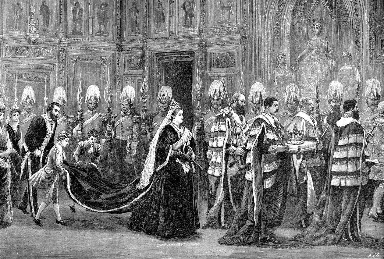 Královský průvod ve Westminsterském paláci na cestě do Sněmovny lordů, 1886, 1900 od Unbekannt