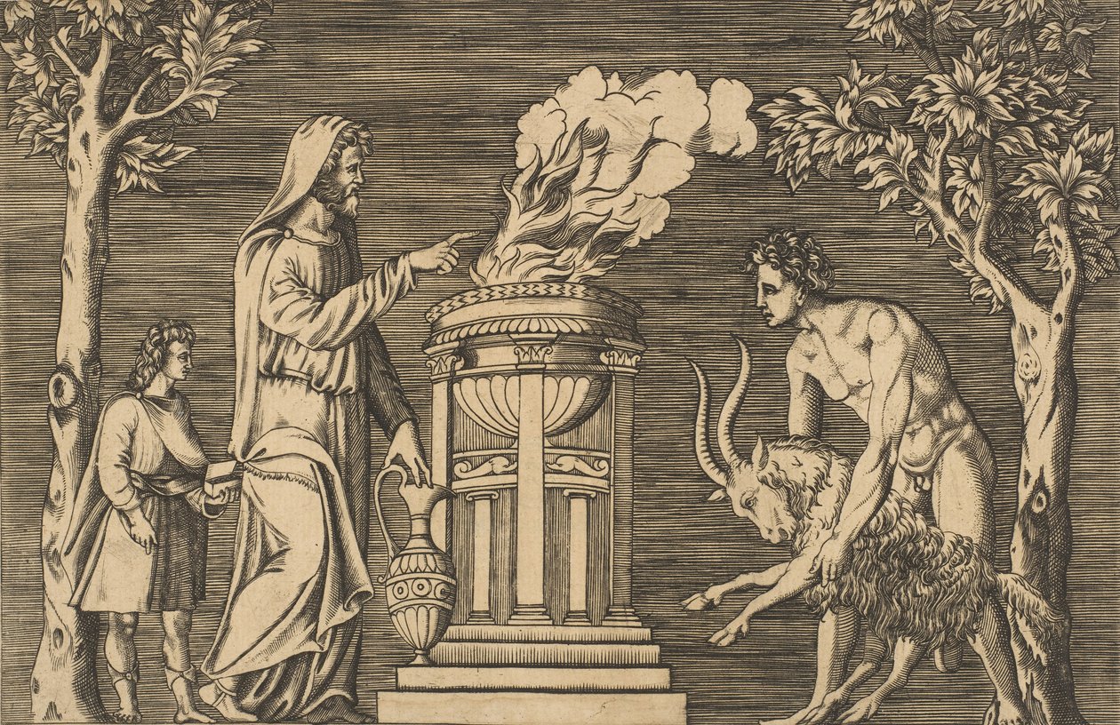 Oběť berana drženého nahým mužem vpravo, knězem v kápi vlevo s..., ca. 1515-1600. od Unbekannt