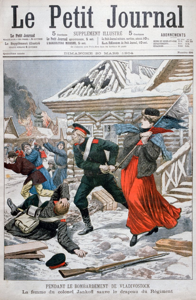 Manželka plukovníka Jankoffa zachraňující plukovní vlajky, bombardování Vladivostoku, 1904 od Unbekannt