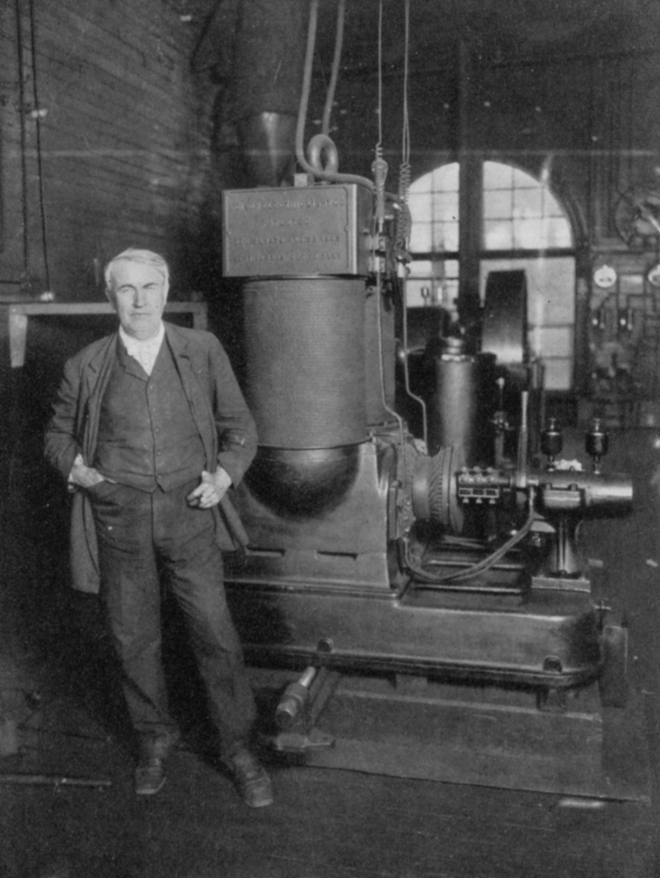 Thomas Alva Edison, americký vynálezce, se svým prvním dynamem pro výrobu elektrického světla, 80. léta 19. století od Unbekannt